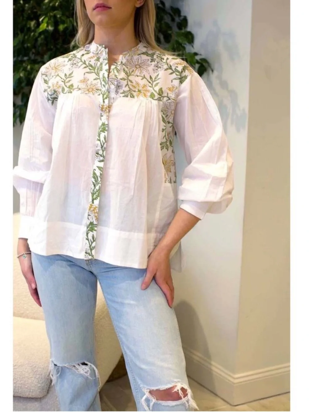 White Embroidered Cotton Blouse with Green & Yellow Floral Detail